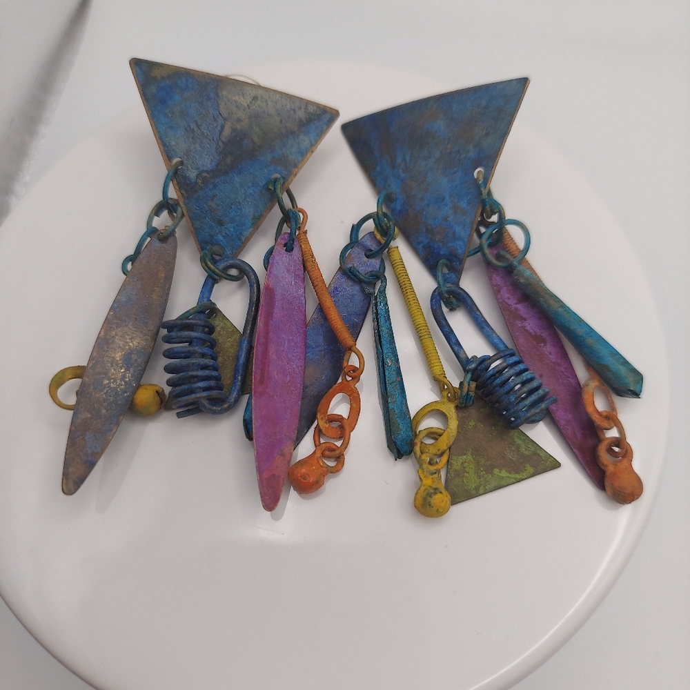 Vintage Metal Colorful Dangle Earrings,Artistic Industrial Style. Made in India.